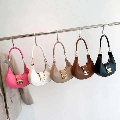 Retro Crescent Hobo Bag For Women PU Leather Solid Color Underarm Shoulder Handbag With Gold Metal Lock Simple Commute