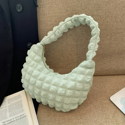 Women Bubble Ruched Hobo Bag Popcorn Texture Underarm Shoulder Bag Solid Color Chic Trendy Fashion Handbag