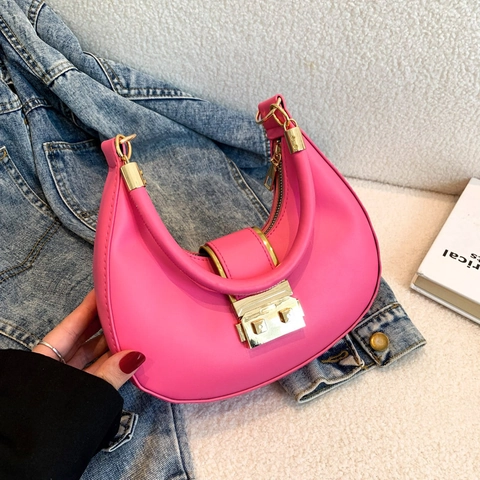 Retro Crescent Hobo Bag For Women PU Leather Solid Color Underarm Shoulder Handbag With Gold Metal Lock Simple Commute