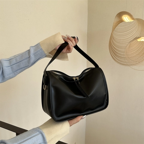 Vintage PU Leather Shoulder Bag For Women Dual Zipper Underarm Crossbody Purse Simple Retro Solid Color Handbag