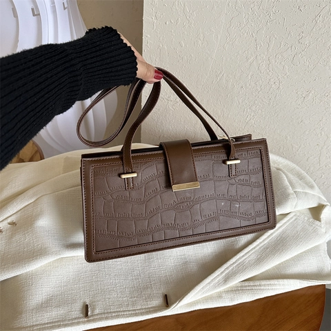 Women Crocodile Pattern Underarm Bag Vintage PU Leather Shoulder Bag With Gold Lock Rectangular Solid Color Handbag