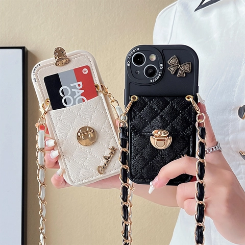 Funda Cartera De Cuero Con Rombos Acolchados Para Teléfono Con Cadena Cruzada Ranura Para Tarjeta Lazo De Lujo Protectora