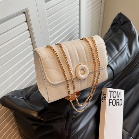 Quilted PU Leather Crossbody Bag For Women Small Square Shoulder Bag With Gold Chain Strap And Round Buckle
