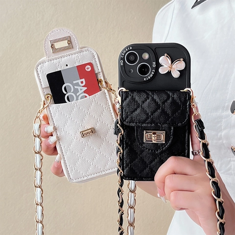 Funda De Teléfono Cruzada De Cuero PU Acolchado Cartera Con Cadena Larga Decoración De Mariposa Para iPhone Mujeres