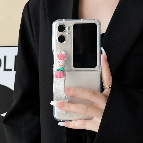 Clear Transparent Foldable Phone Case With Leather Wrist Strap Cute 3D Tulip Rabbit Bear Decor Protective Cover