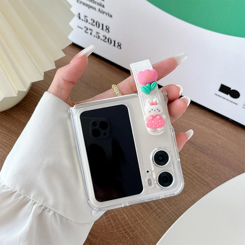 Clear Transparent Foldable Phone Case With Leather Wrist Strap Cute 3D Tulip Rabbit Bear Decor Protective Cover