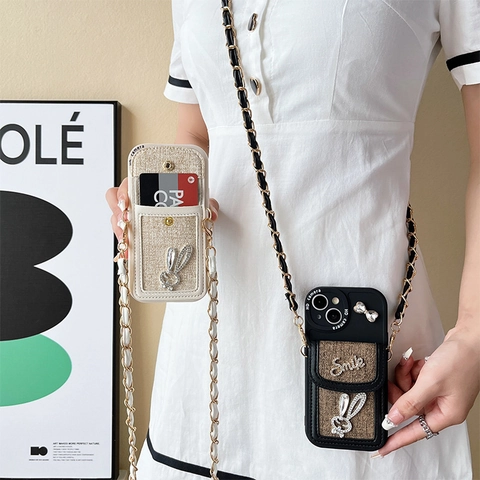 Funda De Teléfono Cruzada Con Cartera Tarjetero Conejo Brillante Tela Tweed Decoración Smile Cadena Cuero Metal