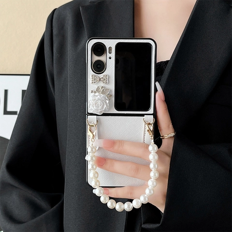 Luxury Folding Phone Case For Huawei Pocket 2 OPPO Find N2 Flip With Artificial Pearl Chain Hand Strap Rhinestone Bow Flower Decor PC Leather Texture Shockproof
