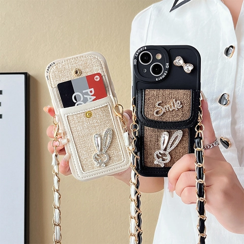 Funda De Teléfono Cruzada Con Cartera Tarjetero Conejo Brillante Tela Tweed Decoración Smile Cadena Cuero Metal