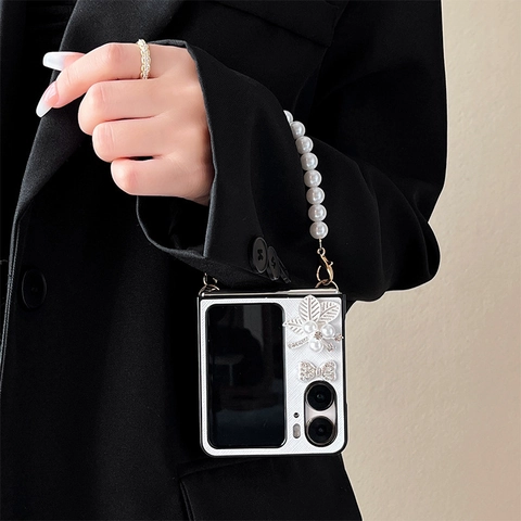 Luxury Folding Phone Case For Huawei Pocket 2 OPPO Find N2 Flip With Artificial Pearl Chain Hand Strap Rhinestone Bow Flower Decor PC Leather Texture Shockproof
