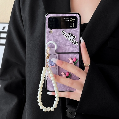 Luxury Folding Phone Case With Artificial Pearl Chain Wristband Faux Leather Cross Grain Rabbit Tulip Decor Protective Cover For Flip