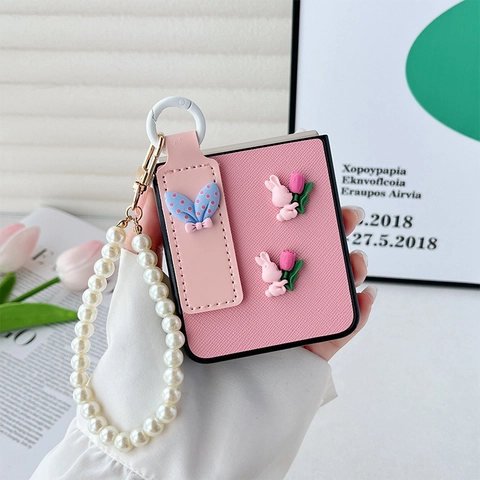 Luxury Folding Phone Case With Artificial Pearl Chain Wristband Faux Leather Cross Grain Rabbit Tulip Decor Protective Cover For Flip