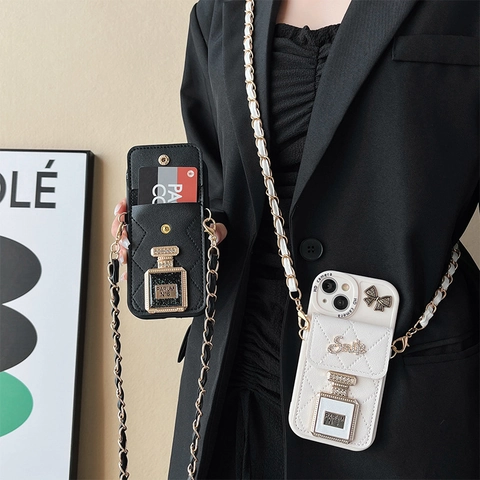 Funda De Smartphone Cruzada De Cuero Sintético Acolchado De Lujo Con Cartera Tarjetero Espejo Y Cadena Extraíble Mujer