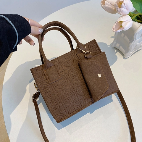 Bolso De Mano Tipo Tote De Fieltro Para Mujer Y Mini Bolsa Con Patrón Relieve Circular Bolso De Hombro Diario