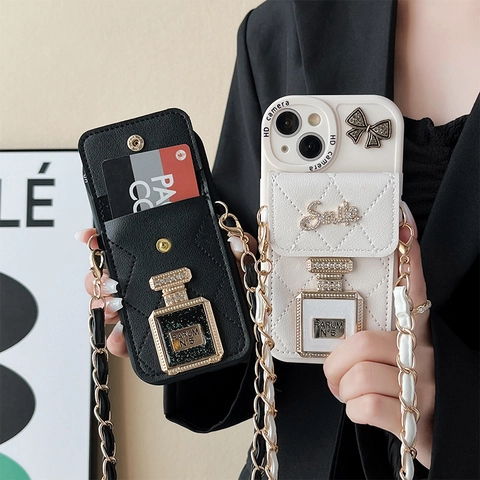 Funda De Smartphone Cruzada De Cuero Sintético Acolchado De Lujo Con Cartera Tarjetero Espejo Y Cadena Extraíble Mujer