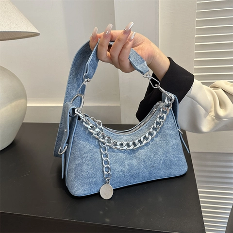 Bolso Hobo Creciente Para Mujer Bolso De Hombro Axila Cuero Sintético Textura Denim Cadena Plata Decoración Retro