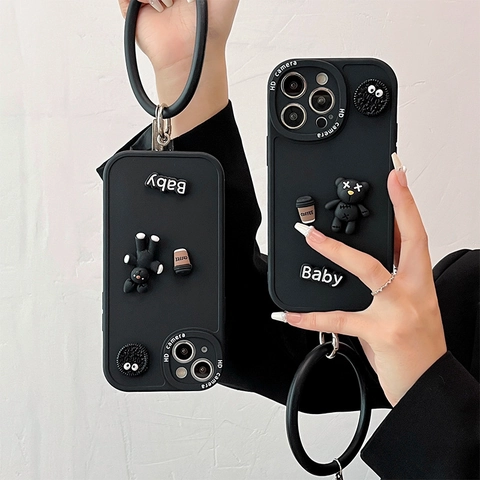 Custodia Per Telefono TPU Silicone Rilievo Cartone Animato Orso Coniglio Decorazione Caffè Con Cinturino Tondo Nero Opaco