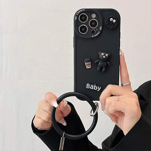 Custodia Per Telefono TPU Silicone Rilievo Cartone Animato Orso Coniglio Decorazione Caffè Con Cinturino Tondo Nero Opaco
