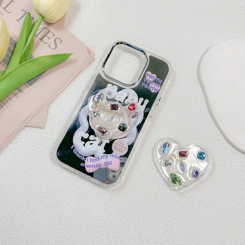 Heart Phone Socket Grip Expanding Colorful Rhinestone Crystal Bling Plastic Adhesive Desktop Stand