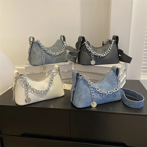 Fashion Women Crescent Hobo Bag Luxury PU Denim Shoulder Crossbody Bag With Silver Metal Chain Decoration Retro Square Underarm Bag