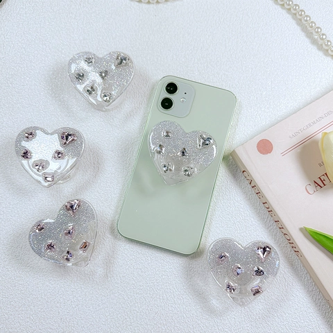 Supporto Griptok Per Telefono A Forma Di Cuore Con Strass E Glitter Trasparente Retrattile Adesivo Per Mobili