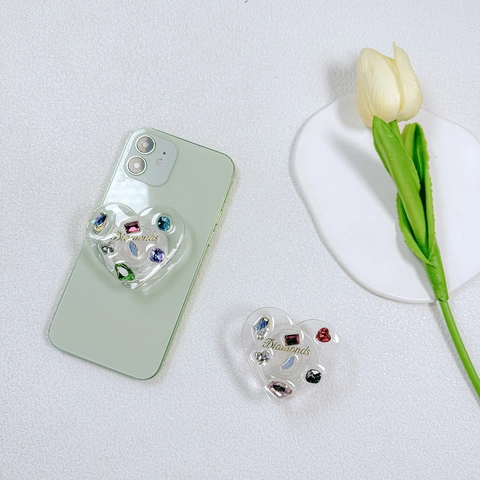 Heart Phone Socket Grip Expanding Colorful Rhinestone Crystal Bling Plastic Adhesive Desktop Stand