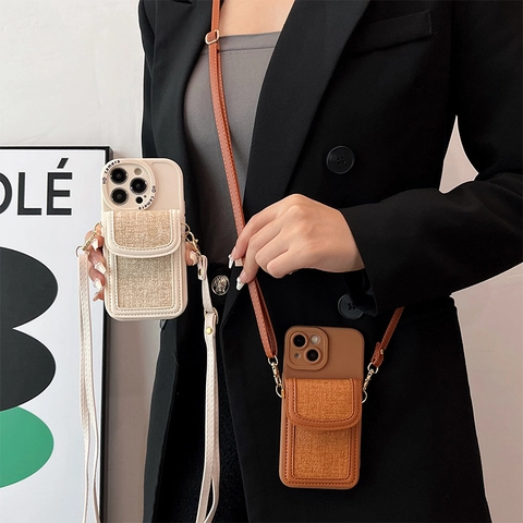 Crossbody Phone Case With Card Holder Wallet Adjustable Strap PU Leather Tweed Fabric For IPhone Protective Cover