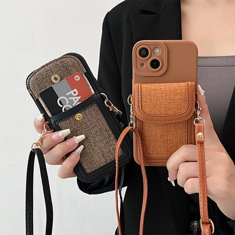 Crossbody Phone Case With Card Holder Wallet Adjustable Strap PU Leather Tweed Fabric For IPhone Protective Cover