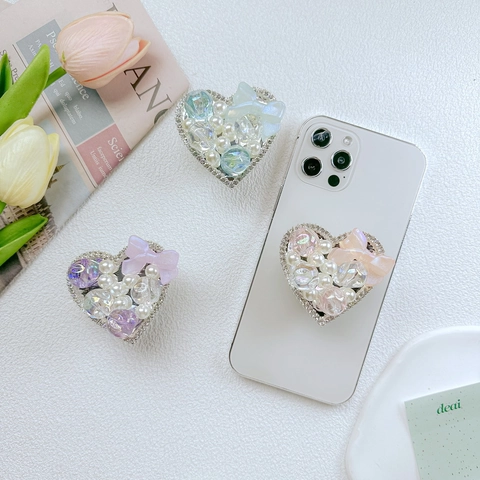 Supporto Per Telefono A Forma Di Cuore Strass Finta Perla Artificial Fiocco Griptok Pieghevole Supporto Di Espansione Per Smartphone Stile Dolce