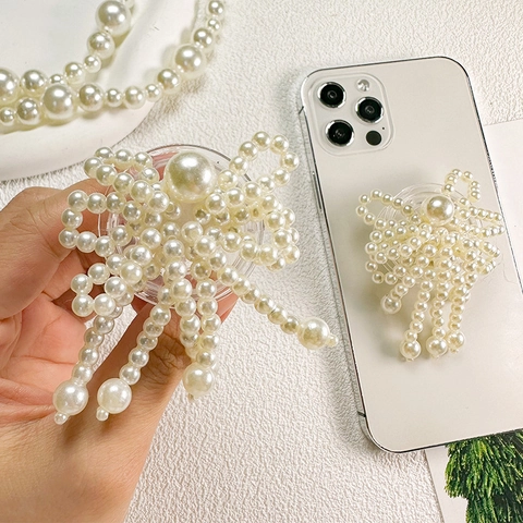 Artificial Pearl Bow Knot Handy Griff Halter Einziehbarer Klebeständer Griptok Mit Quaste Eleganter Smartphone Zubehör