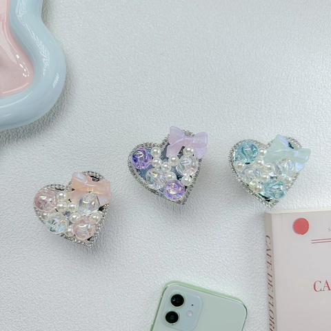 Supporto Per Telefono A Forma Di Cuore Strass Finta Perla Artificial Fiocco Griptok Pieghevole Supporto Di Espansione Per Smartphone Stile Dolce