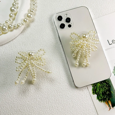Artificial Pearl Bow Knot Handy Griff Halter Einziehbarer Klebeständer Griptok Mit Quaste Eleganter Smartphone Zubehör