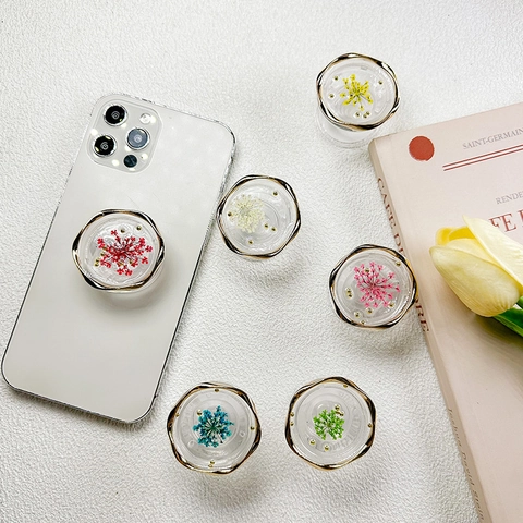 Handyhalterung Mit Echten Getrockneten Blumen Transparentes Harz Goldener Wellenrand Ausziehbar Klappbar Ästhetisch Handy