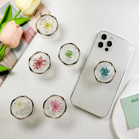 Handyhalterung Mit Echten Getrockneten Blumen Transparentes Harz Goldener Wellenrand Ausziehbar Klappbar Ästhetisch Handy