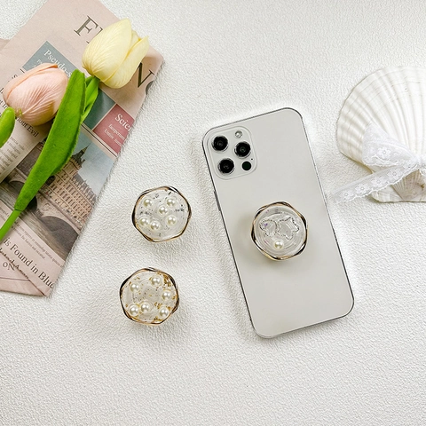 Supporto Impugnatura Per Telefono Rotondo Con Intarsio Resina Perla Artificial Cuore Stella Lega Estensibile Retrattile Supporto Scrivania Accessorio Elegante