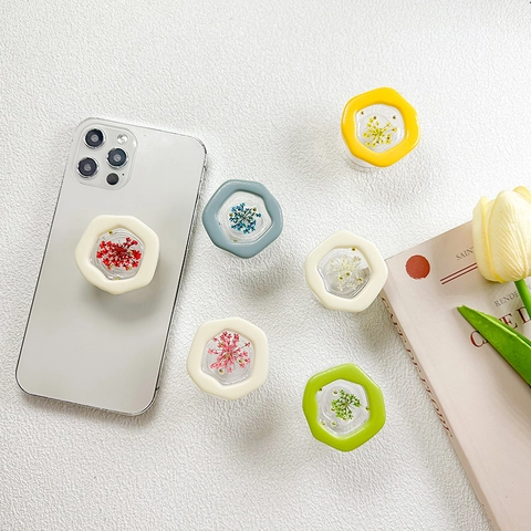 Supporto Per Telefono Palloncino Griptok Resina Fiori Secchi Veri Esagono Estensibile Adesivo Stile Ins Coreano Floreale
