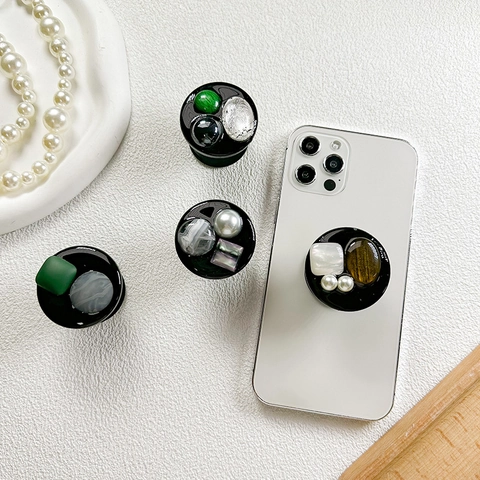 Retro Round Expanding Phone Stand Adhesive Resin Gemstone Faux Artificial Pearl Decorative Desktop Grip Accessory For Smartphone