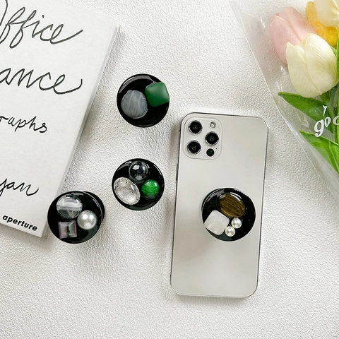 Retro Round Expanding Phone Stand Adhesive Resin Gemstone Faux Artificial Pearl Decorative Desktop Grip Accessory For Smartphone