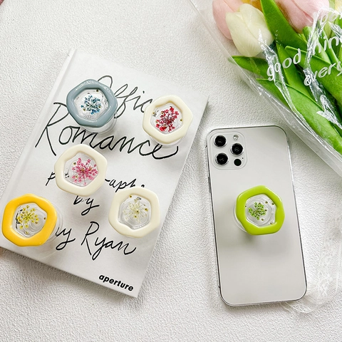Supporto Per Telefono Palloncino Griptok Resina Fiori Secchi Veri Esagono Estensibile Adesivo Stile Ins Coreano Floreale
