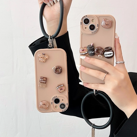 Cartoon Bear Donut Resin Decor Phone Case With Black Silicone Wristband Anti Fall TPU Full Coverage Shell Cute Cream Style
