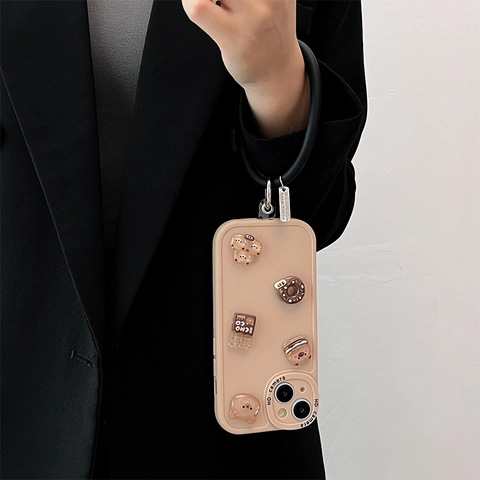 Cartoon Bear Donut Resin Decor Phone Case With Black Silicone Wristband Anti Fall TPU Full Coverage Shell Cute Cream Style