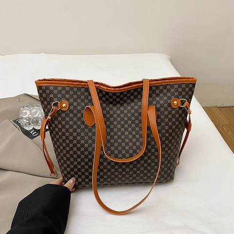 Vintage Monogram Tote Bag Μεγάλη Χωρητικότητα PU Δέρμα Γεωμετρικό Τυπωμένο Αντίθεση Ραφή Καθημερινή Τσάντα Ώμου Γυναικεία