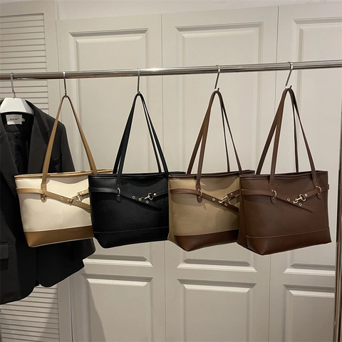 Grote Shopper Van PU-Leer Met Lychee-Patroon Color Block Ontwerp Schoudertas Voor Dames Commuter Elegant