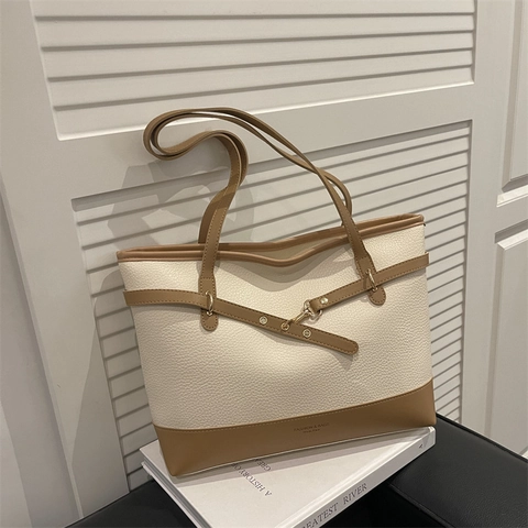 Grote Shopper Van PU-Leer Met Lychee-Patroon Color Block Ontwerp Schoudertas Voor Dames Commuter Elegant