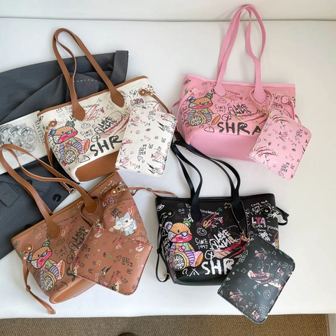 Graffiti Geprinte Shopper En Etui PU Leer Grote Capaciteit Cartoon Beer Street Style Trendy Voor Dames