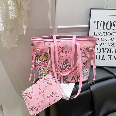 Graffiti Geprinte Shopper En Etui PU Leer Grote Capaciteit Cartoon Beer Street Style Trendy Voor Dames