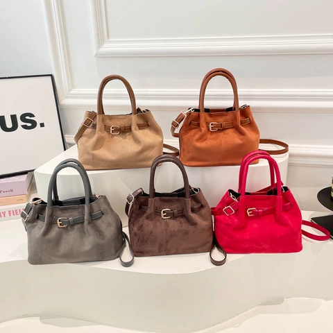 Women Suede Texture Bucket Bag Frosted Faux Leather Shoulder Handbag With Adjustable Strap Metal Buckle Daily