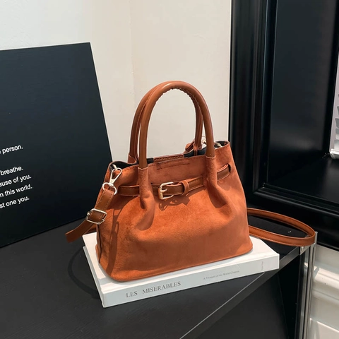 Women Suede Texture Bucket Bag Frosted Faux Leather Shoulder Handbag With Adjustable Strap Metal Buckle Daily