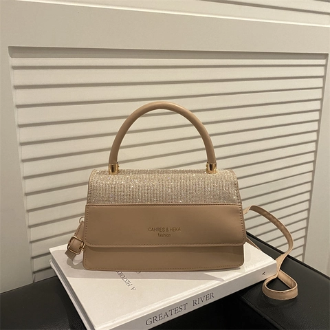 Elegante Damen Umhängetasche PU Leder Glitzer Spleißen Kleine Quadratische Handtasche Crossbody Goldene Hardware