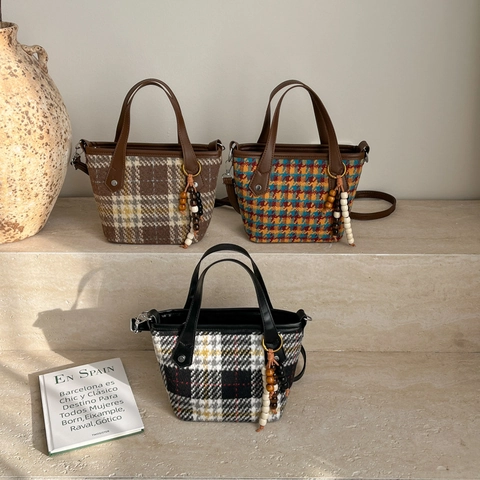 Vintage Damen Tweed Eimertasche Mit Karomuster Große Kapazität Schulter Umhängetasche Mit Holzperlen Anhänger